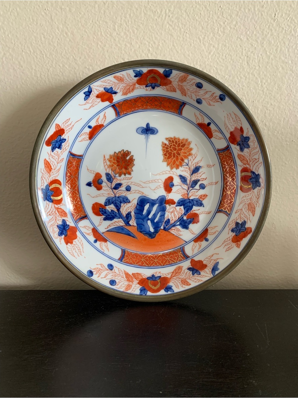 Imari Style Japanese Porcelain Hand Painted Hong Kong Brass Encased Bowl Plate